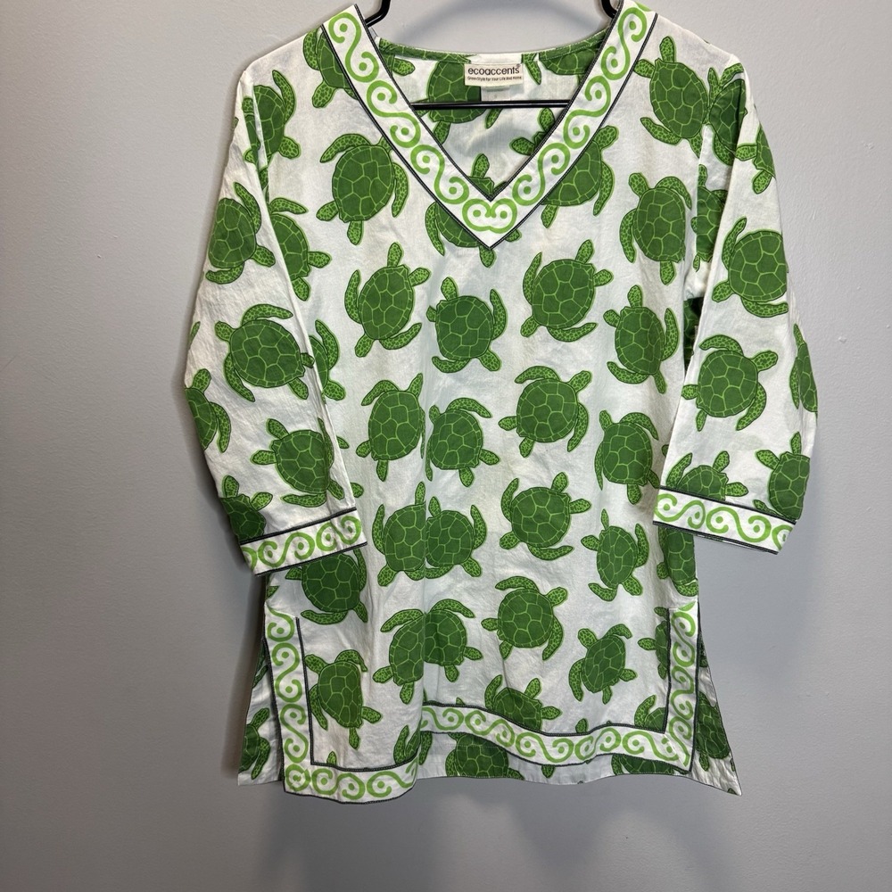 Ecoaccents Women's Top White Green‎ Turtle Print V-Neck SZ S Blouse 100% Cotton
